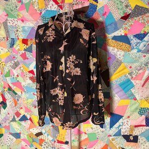 Vintage 60s 70s blouse shirt twin set | M | black floral sheer AS IS flawed 1970